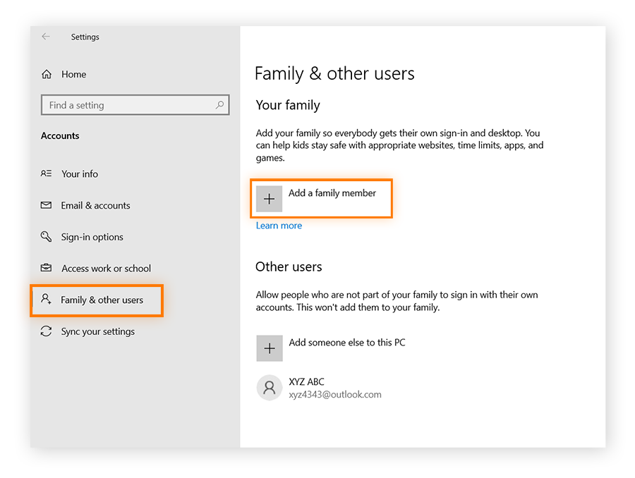 Select Add a family member in Windows 10 Account Settings to start setting up parental controls.