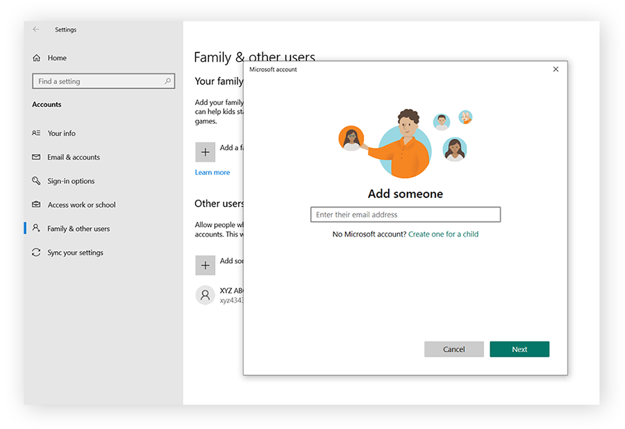 Enter the user's Microsoft email address to add them to a Microsoft family group.