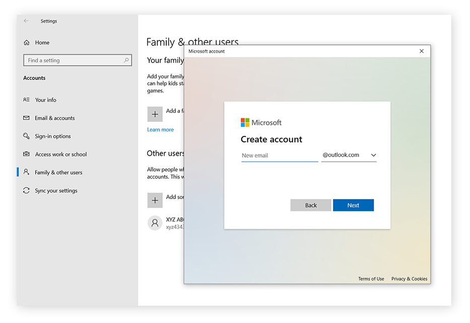 Especifique una nueva dirección de correo electrónico a fin de configurar una cuenta de Microsoft para su hijo.