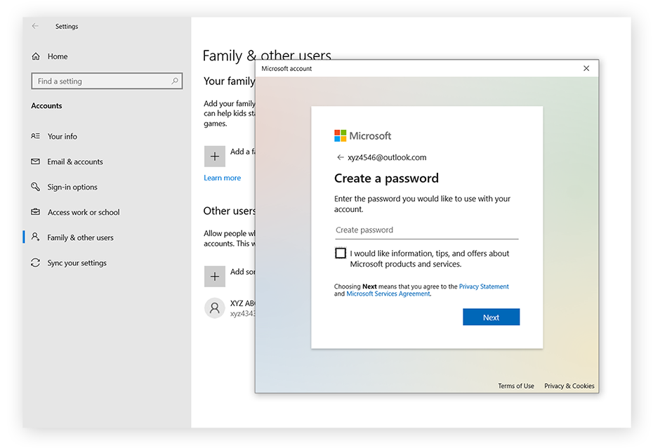 Create a password to finish setting up a Microsoft account for your child