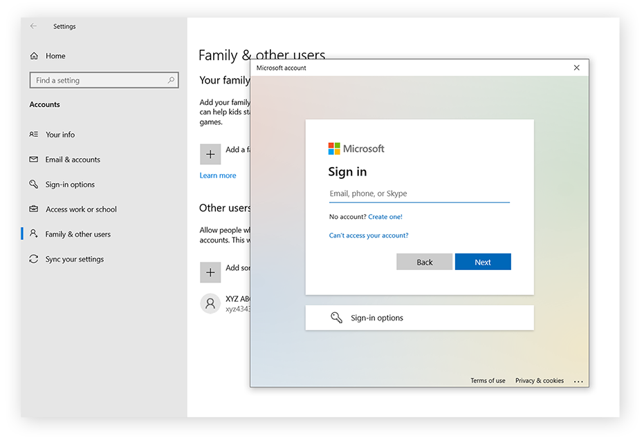 Inicie sesión en su cuenta de Microsoft a fin de terminar de configurar una cuenta de Microsoft para su hijo.