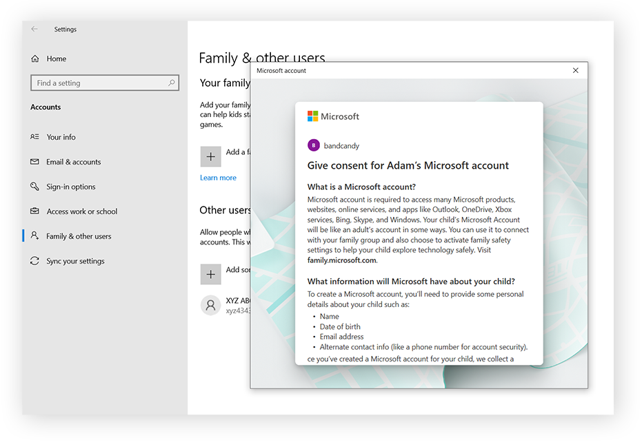 Acceptez les conditions générales pour donner votre accord pour le compte Microsoft de votre enfant.