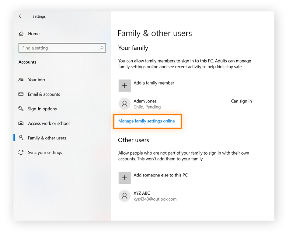 Set Microsoft parental controls by clicking Manage family settings online.