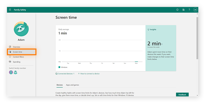 Screen time averages on Microsoft family safety settings.