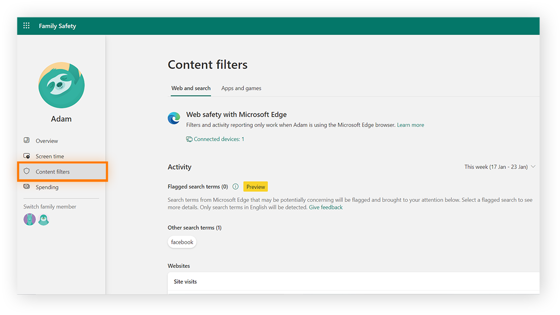 Setting content filters for Microsoft family safety settings.