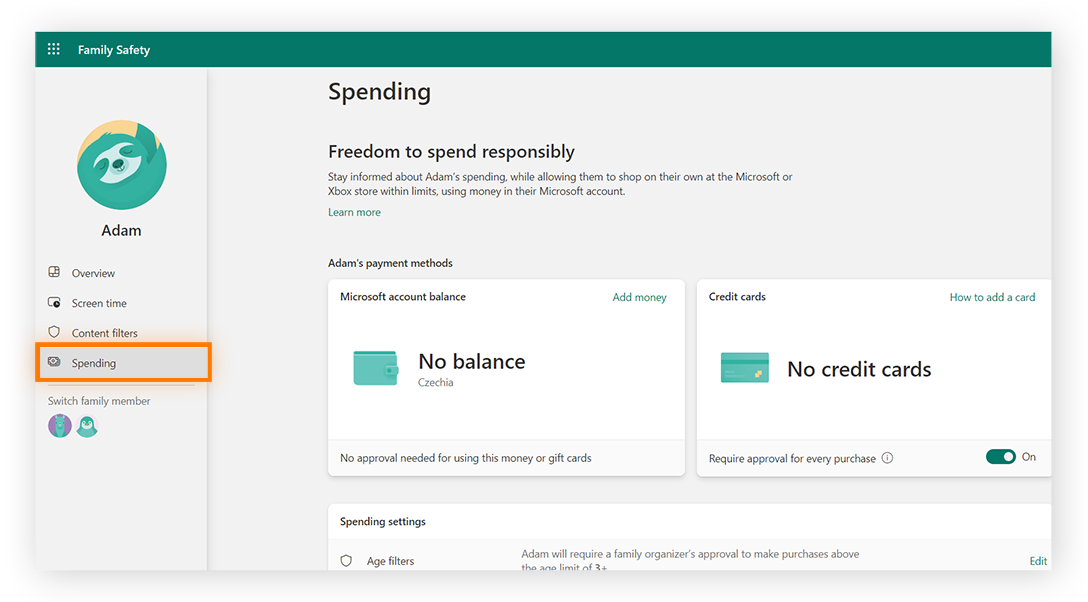  Control spending and manage account balance with Microsoft parental controls.