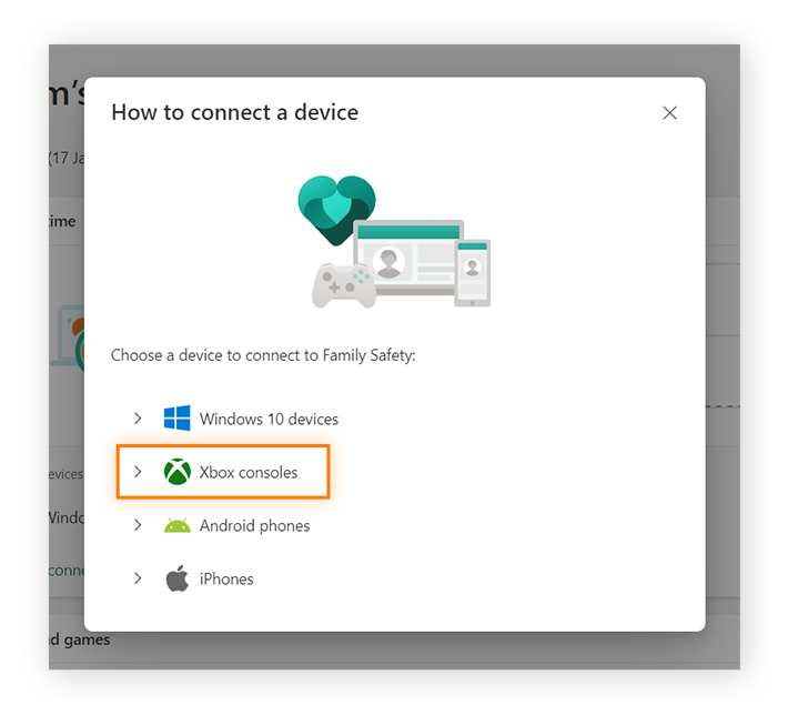 Connect Xbox consoles to Microsoft family safety settings.