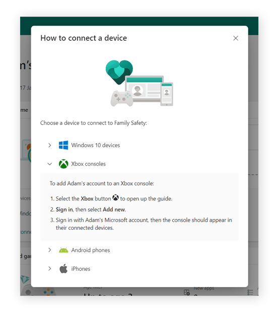 Instructions to connect an Xbox console to Microsoft family safety settings.