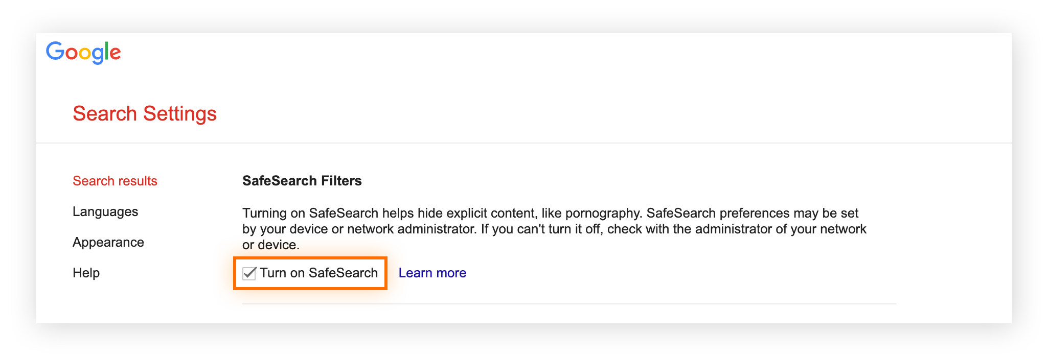 Verwalten der SafeSearch-Einstellungen auf Ebene des Benutzerkontos über die Google-Sucheinstellungen.
