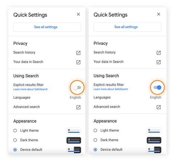 Toggle Explicit results filter on or off within the Quick Settings section of Google.