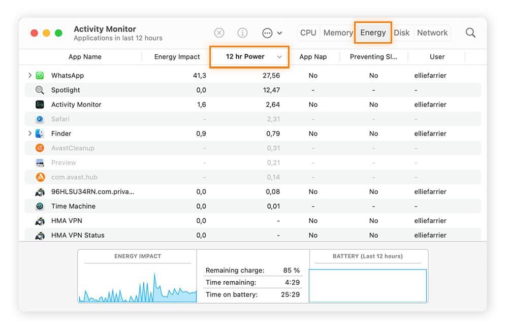 A guia Energia do Monitor de Atividade mostra os aplicativos que deixaram o Mac lento nas últimas 12 horas.