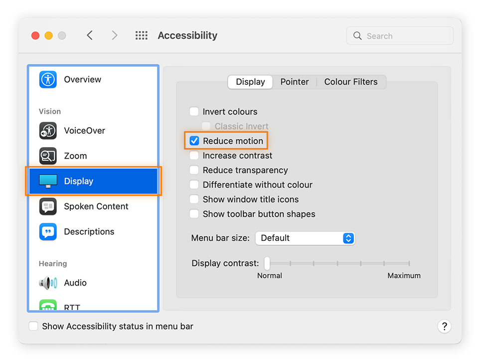 Tick the box next to Reduce motion to keep resource-draining graphics from slowing down your Mac.