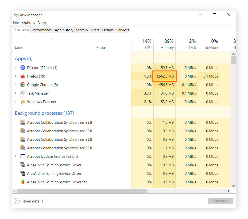 Task Manager is open and showing 89% Memory usage, with most of it coming from Firefox.