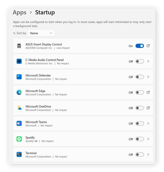 A view of apps that have been toggled on or off for launching on Startup.