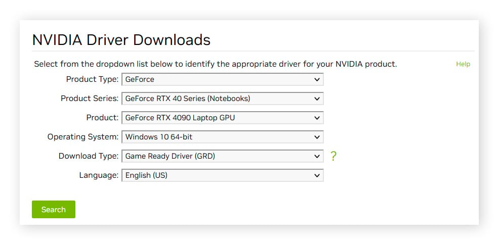 Vista da página de download de drivers NVIDIA, com vários menus suspensos para que você possa selecionar seu componente específico.