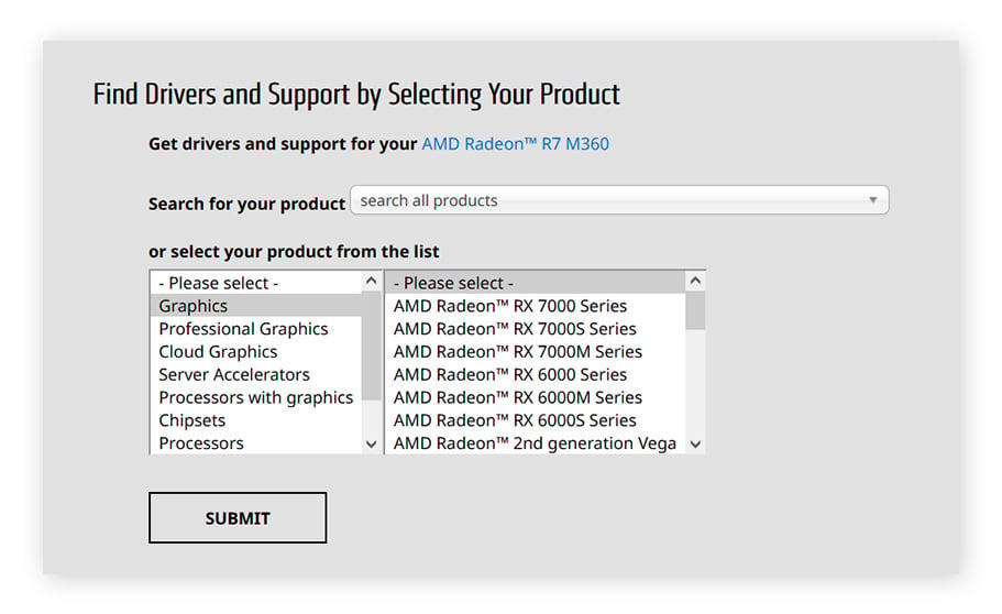 Vista de la página de descargas de controladores de AMD con un menú que da acceso a su componente.