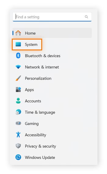 On the left in Settings, System is shown.