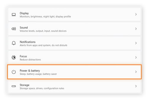 Settings > System is shown, and there is an option called Power & Battery.