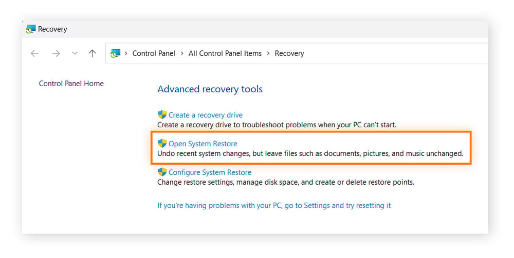Recovery options in Windows 11. Open System Restore is an option you can click.