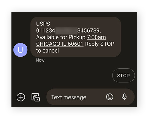 El servicio de seguimiento de mensajes de texto de USPS nunca incluirá un enlace en un SMS.