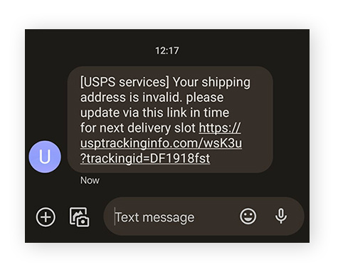 Un ejemplo de estafa por SMS de USPS con errores y solicitud de información personal.