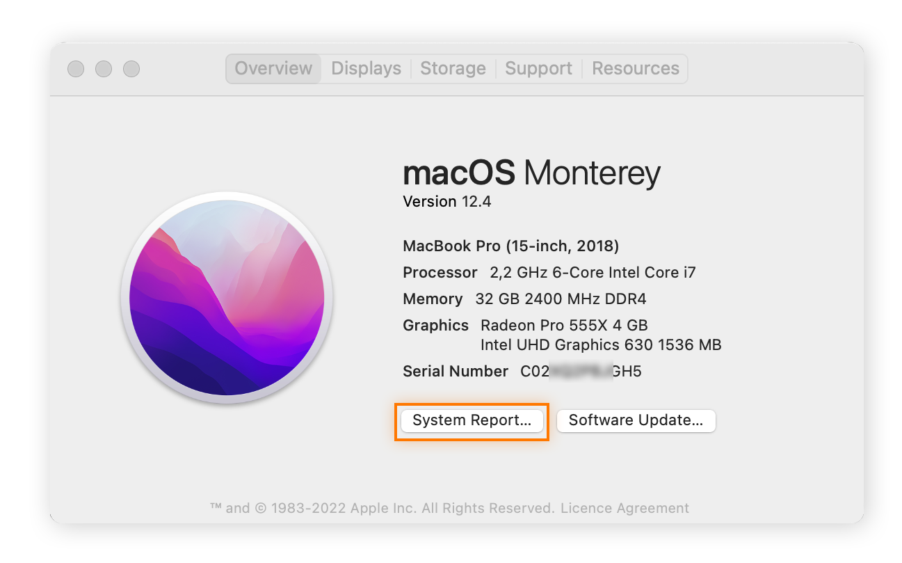 Examinez le rapport système à partir de la fenêtre « Aperçu » accessible en cliquant sur « À propos de ce Mac ».