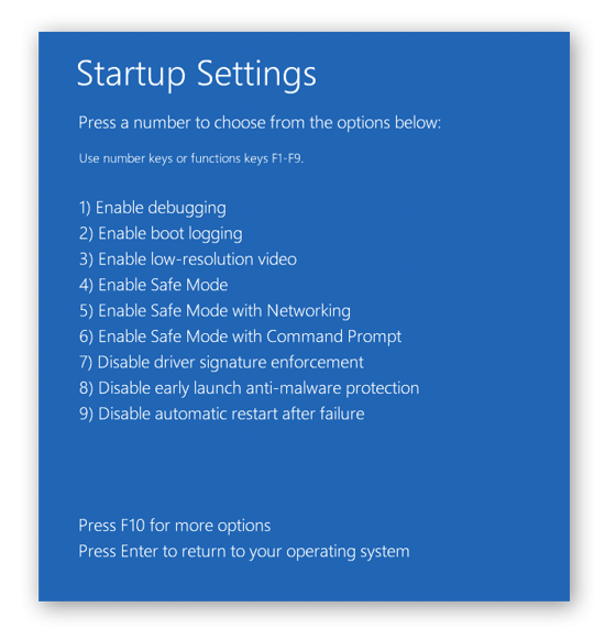 The Windows Startup Settings screen.