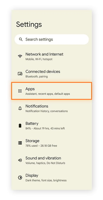 O menu de configurações no telefone Android