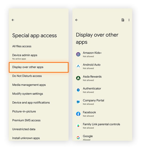 Les options d’accès aux applications spéciales sur un téléphone Android et la liste des applications avec les autorisations affichées en pop-up.