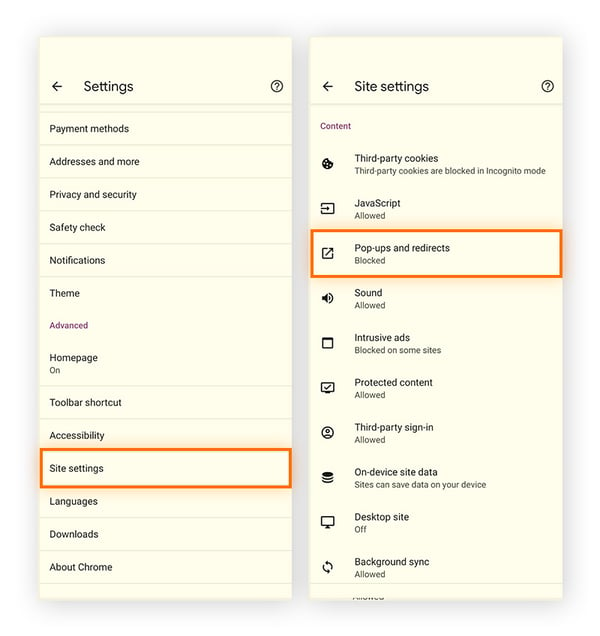 Tap Site settings, then Pop-ups and redirects