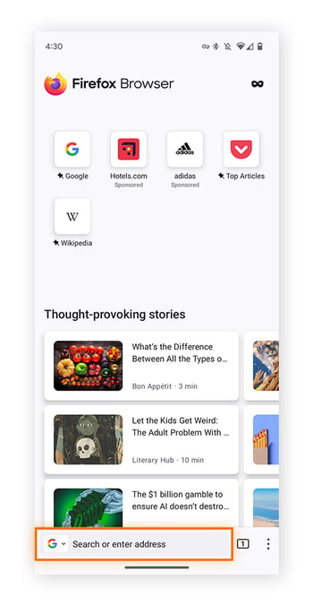 A página inicial do Firefox for Beta Testers em um telefone Android, mostrando a barra de pesquisa na parte inferior da tela