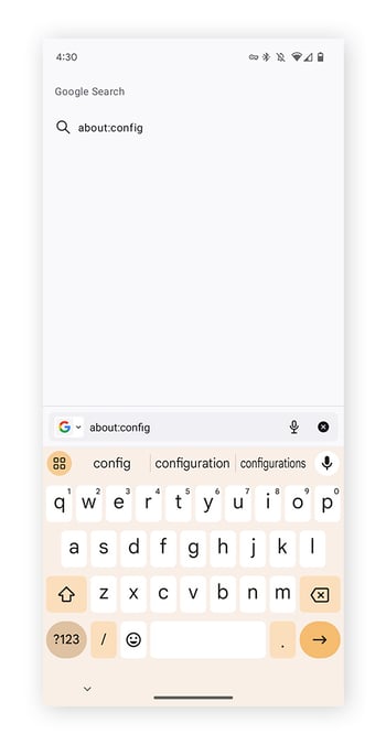  Type about:config into the search bar on Firefox for Beta Testers on Android