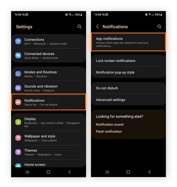 To stop ads popping up on Samsung, open settings, tap notifications, then app notifications