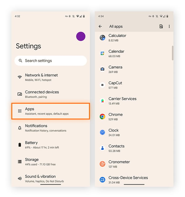 Navigating to apps from the Settings menu on Android