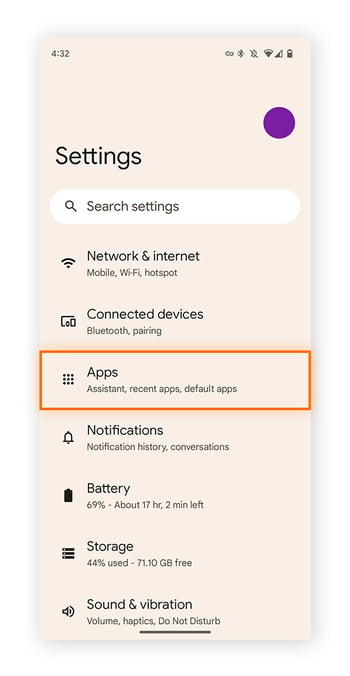 O menu de configurações no Android