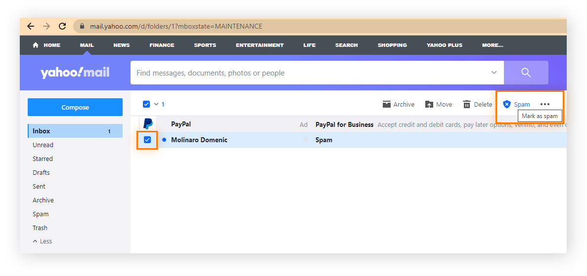 Reporting spam mail on Yahoo Mail