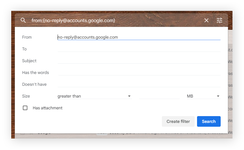 Creating a new message filter in Gmail to block a sender.