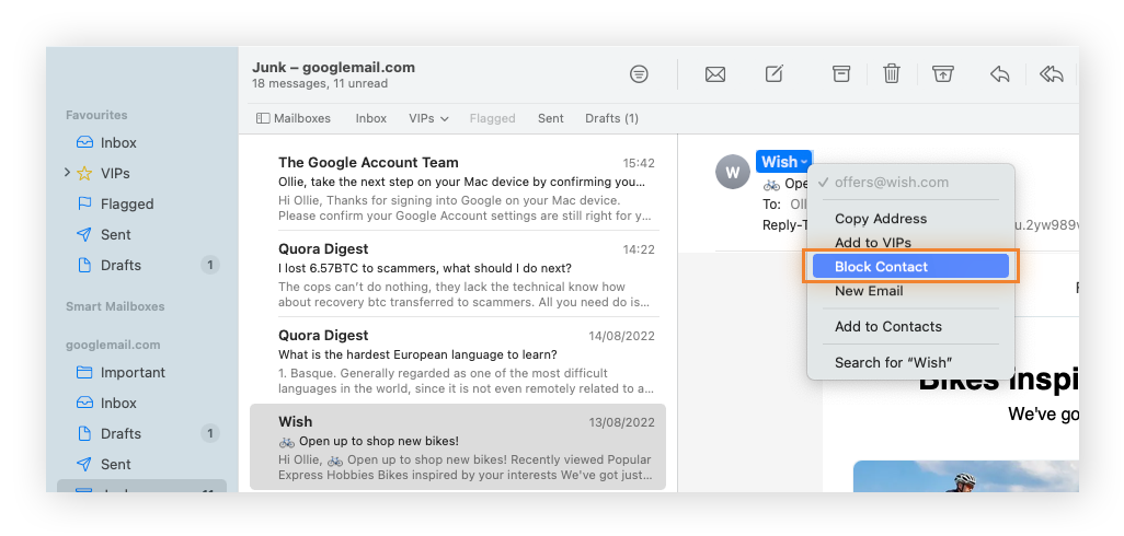 Bloqueo de un remitente de spam en la aplicación Apple Mail.