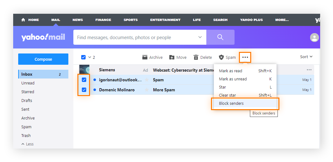Blocking senders on Yahoo Mail