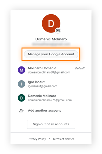 the Google Account menu
