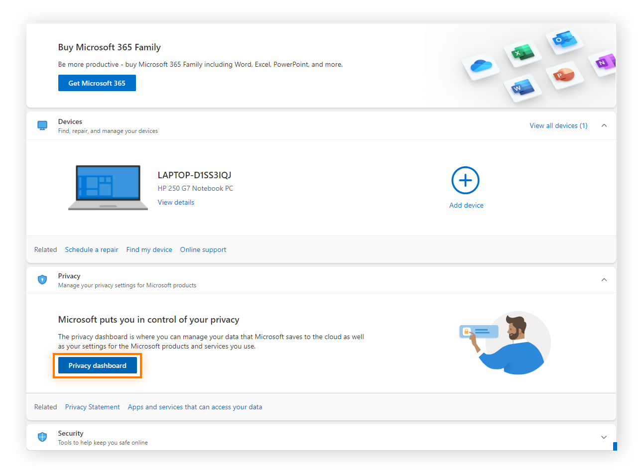 Hervorhebung der Optionen „Datenschutz“ und „Datenschutz-Dashboard“ in Microsoft Outlook