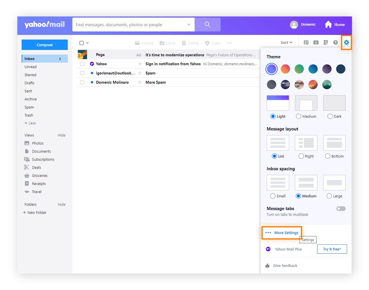 Highlighting  the Gear Icon and "More Settings" in Yahoo Mail