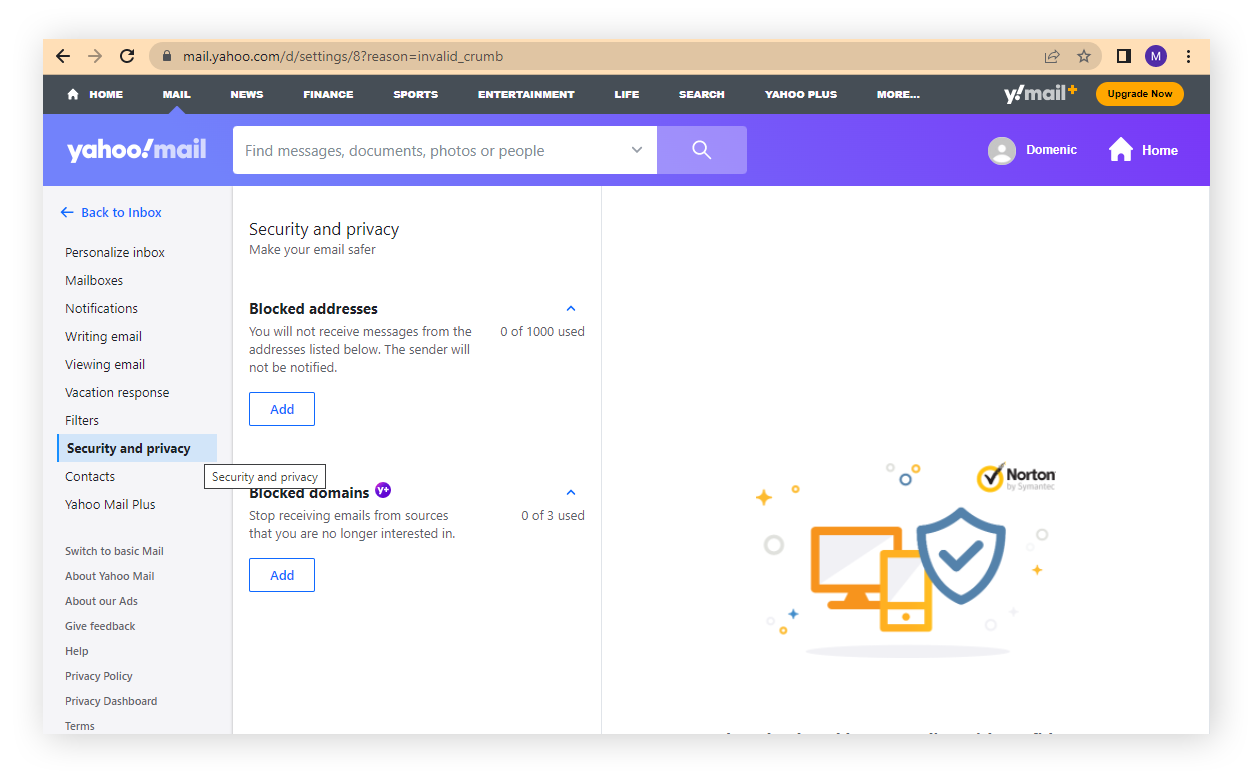 Tela de Segurança e privacidade do Yahoo Mail