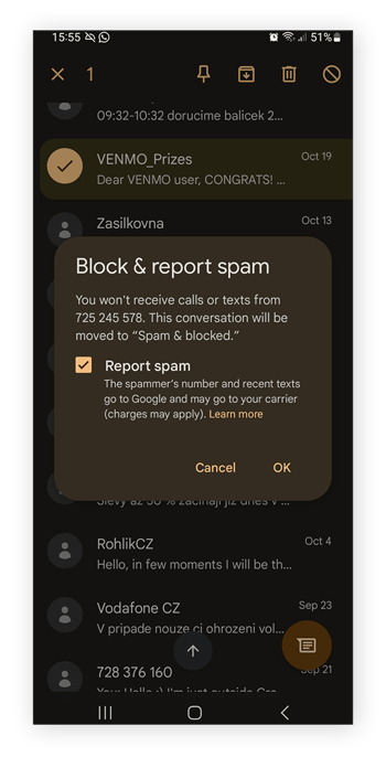 Bloquee los mensajes de texto de spam y denuncie el spam al mismo tiempo, después toque Aceptar.