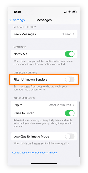 Ative Filtrar remetentes desconhecidos nos ajustes do iPhone para bloquear spam e coletar textos desconhecidos em uma pasta separada.