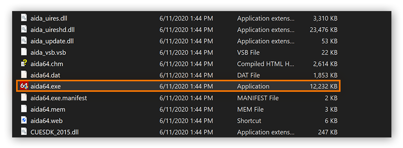 Una captura de pantalla del Explorador de Windows donde el archivo aida64.exe está resaltado.