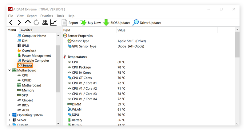 Uma captura de tela do AIDA64 em que o usuário pode ver a temperatura de cada componente individualmente.