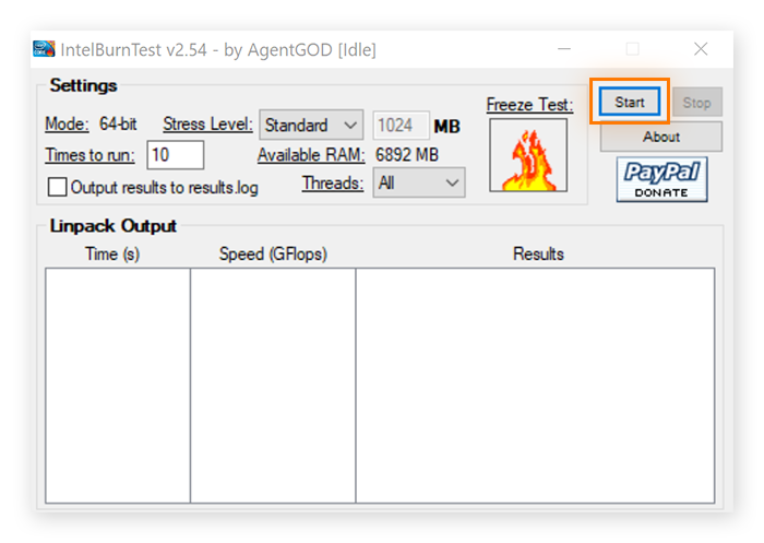 A screenshot of IntelBurnTest with the Start button circled.