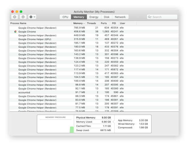 Memory tab in Activity Monitoring showing running processes.