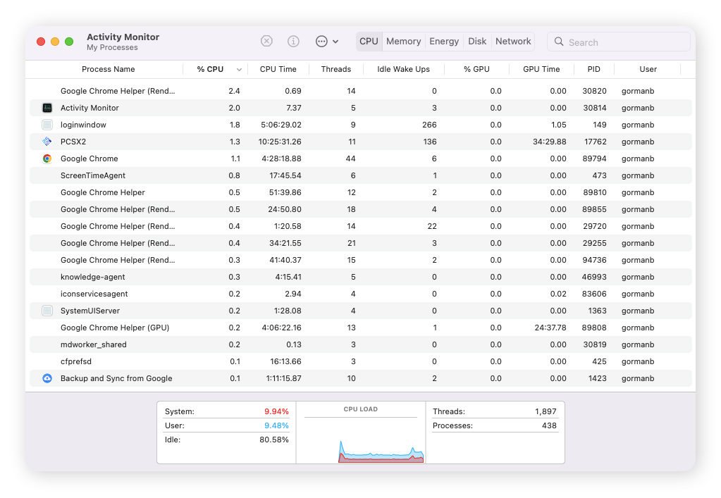 Mac's Activity Monitor with a detailed view of active CPU processes.